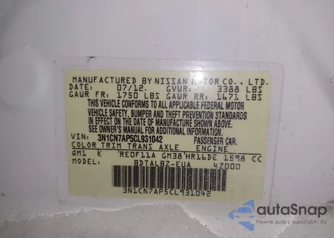 2012 Nissan Versa 1.6 Sv z USA, uszkodzony, nr VIN 3N1CN7AP5CL931042